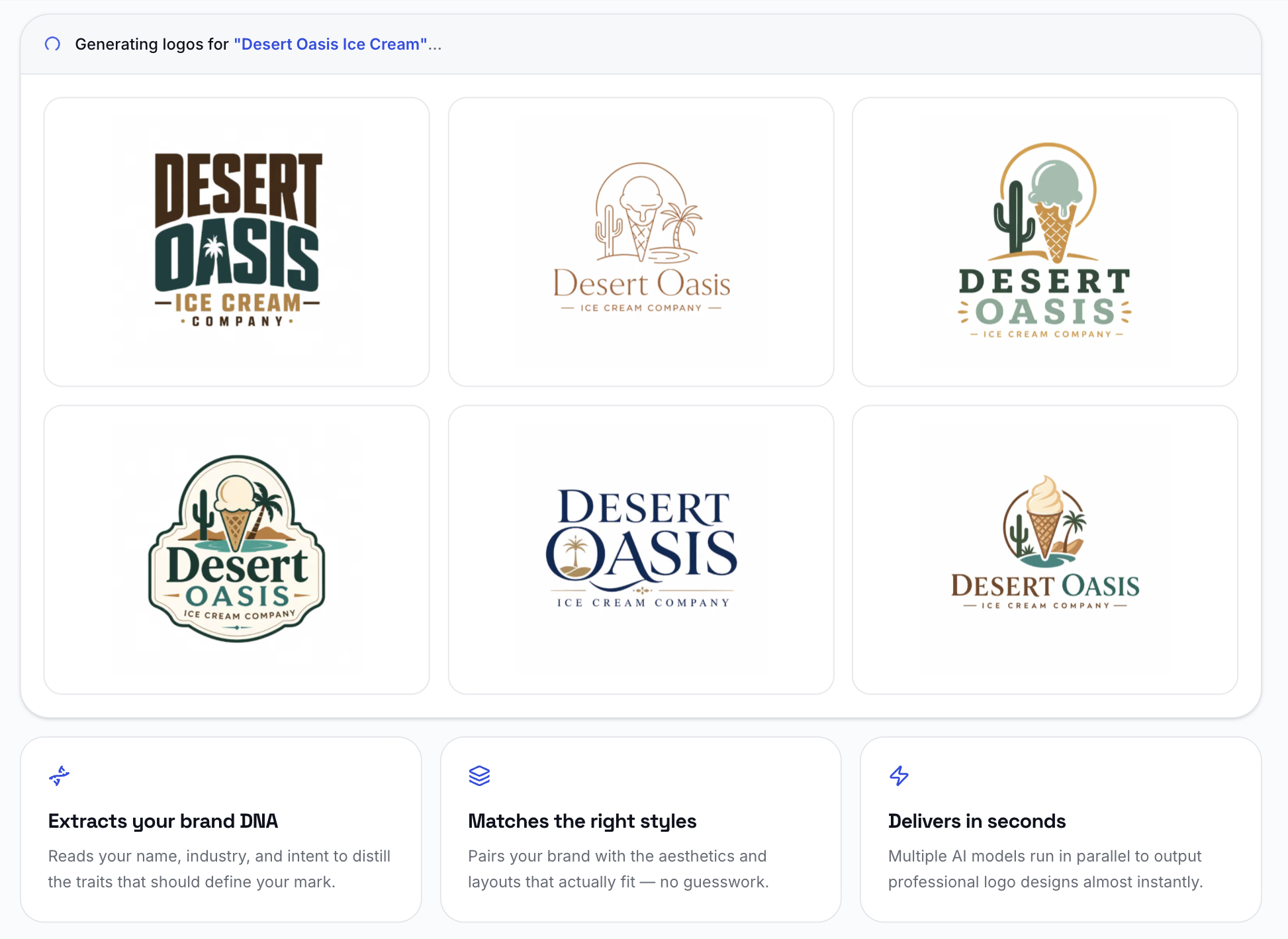 Six logo concepts generated with LogoAI for Desert Oasis Ice Cream